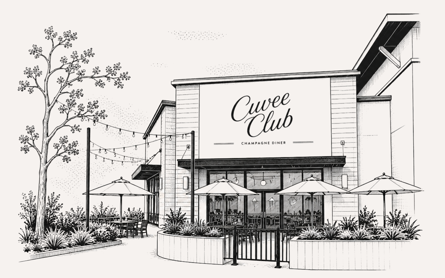 The Cuvee Club — Champagne Diner storefront and patio